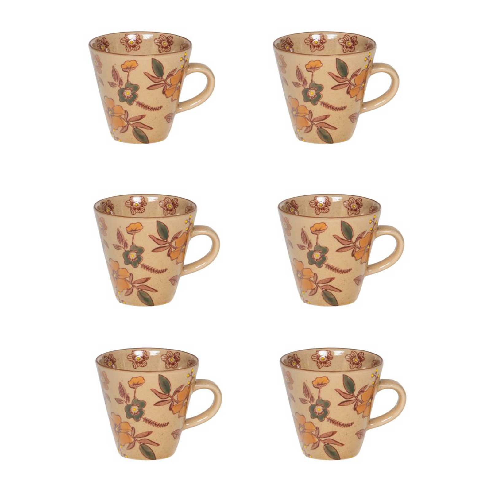 Coffret Bastide Aveline de 6 tasses en grès beige, motif floral rétro ocre et vert, 17 cl, sur fond blanc