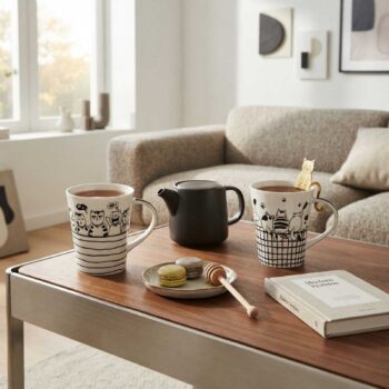 Deux tasses en céramique illustrées de chats sur une table basse, accompagnées d'une théière noire, de macarons et d'un infuseur à thé en forme de chat