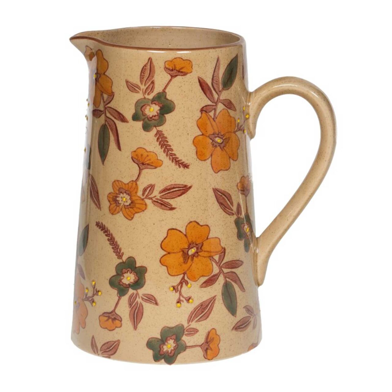 Pichet Bastide Aveline en grès beige specklé, 1,5 l, décor floral rétro orange et vert, anse arrondie et bec verseur.