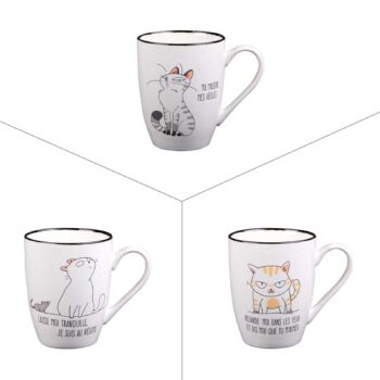 Trois tasses en porcelaine blanche Bastide Funny Cat 23 cl, avec chats humoristiques et liseré noir.