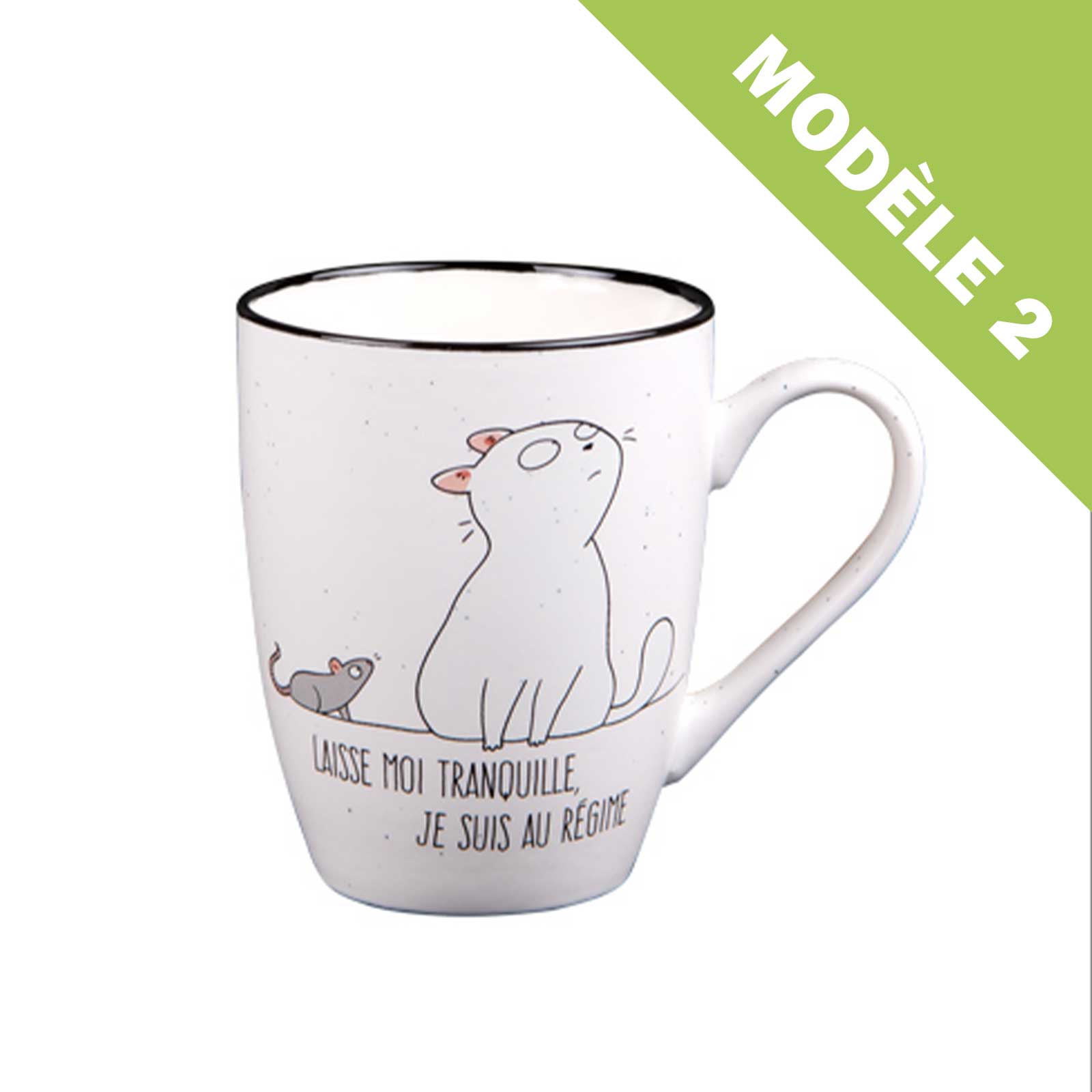 Mug en céramique blanc avec illustration d'un chat regardant une souris et l'inscription française humoristique sur le régime