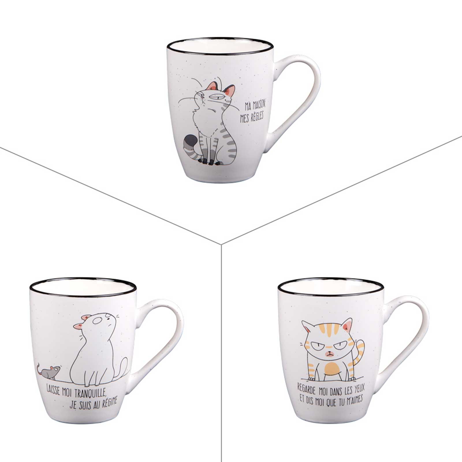 Trois tasses en porcelaine blanche Bastide Funny Cat 23 cl, avec chats humoristiques et liseré noir.