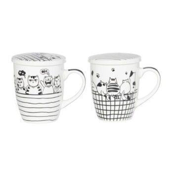Deux tisanières Bastide Pacha en porcelaine blanche, avec couvercles, anses et motifs de chats noirs et blancs