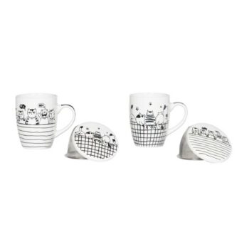 Deux tasses en porcelaine blanche décorées de chats noirs avec leurs filtres infuseurs assortis à motifs graphiques