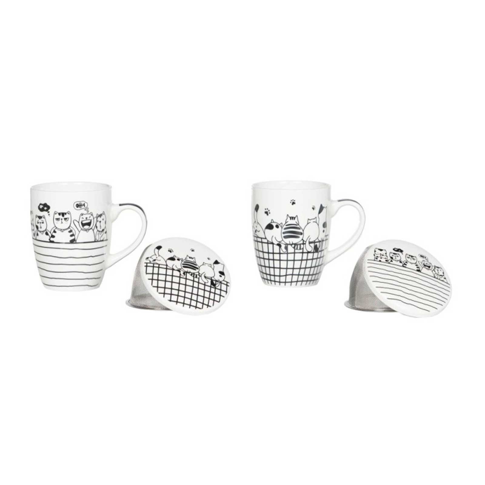 Deux tasses en porcelaine blanche décorées de chats noirs avec leurs filtres infuseurs assortis à motifs graphiques