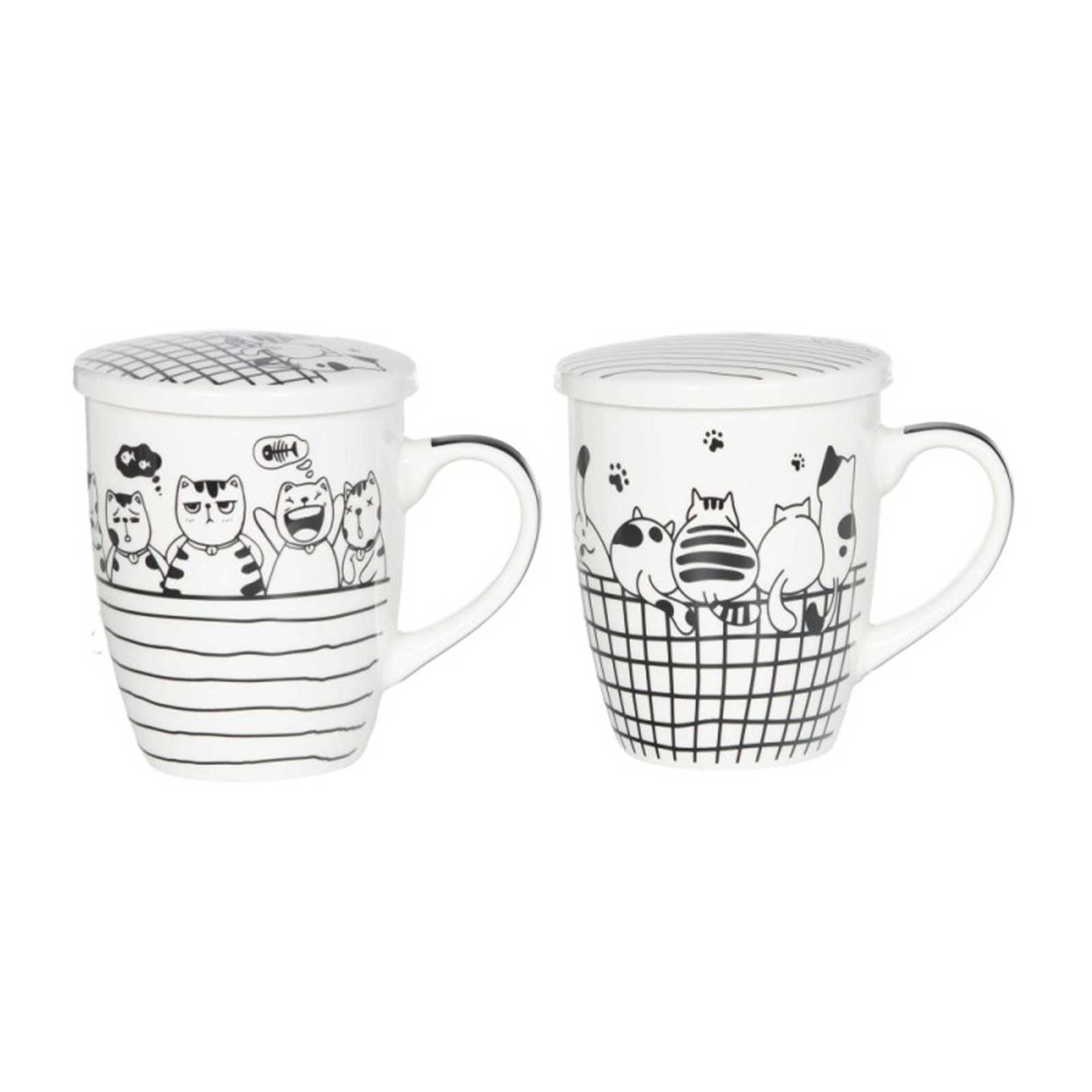 Deux tisanières Bastide Pacha en porcelaine blanche, avec couvercles, anses et motifs de chats noirs et blancs