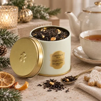 Boîte de Christmas Tea Dammann Frères ouverte avec du thé noir, des morceaux d'agrumes et un biscuit en forme de flocon sur une table festive