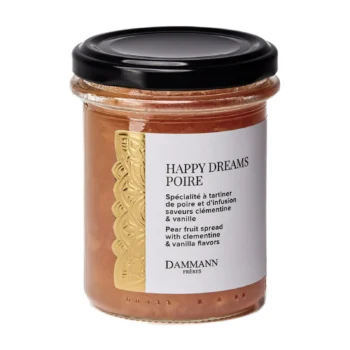 Pot en verre de spécialité à tartiner Happy Dreams Poire Dammann Frères avec couvercle noir et étiquette dorée aux notes de clémentine et vanille