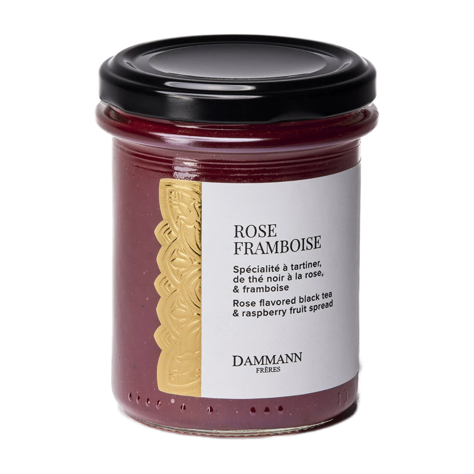 Pot en verre de la spécialité à tartiner Rose Framboise de Dammann Frères avec son couvercle noir et son étiquette élégante sur fond blanc