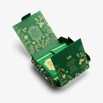 Coffret de thé vert aromatisé Noël en Laponie de la maison Dammann Frères avec ses sachets disposés dans une boîte verte décorée de motifs végétaux.