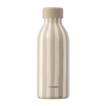 Bouteille isotherme Qwetch avec un motif à rayures verticales beiges et blanches et un bouchon assorti, idéale pour conserver vos boissons