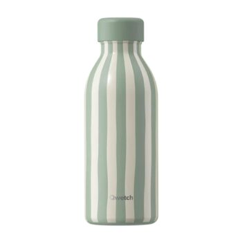 Bouteille isotherme Qwetch Icon Allure en inox 500 ml, rayée vert tilleul et blanc crème, avec bouchon assorti