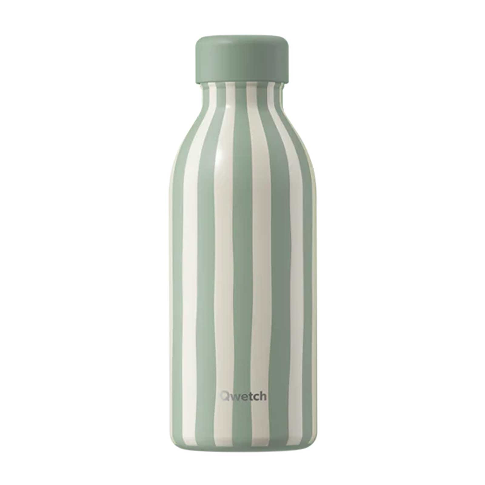 Bouteille isotherme Qwetch Icon Allure en inox 500 ml, rayée vert tilleul et blanc crème, avec bouchon assorti