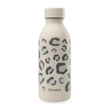 Bouteille isotherme Qwetch beige à motif léopard gris, bouchon hermétique vissé, idéale pour transporter vos boissons avec style.