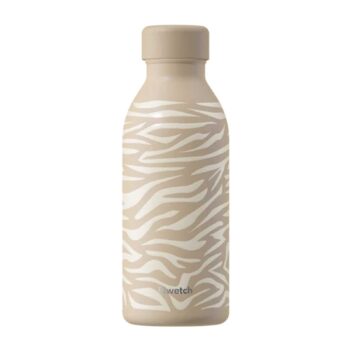 Bouteille isotherme Qwetch beige avec un motif zèbre minimaliste, bouchon hermétique assorti sur fond blanc