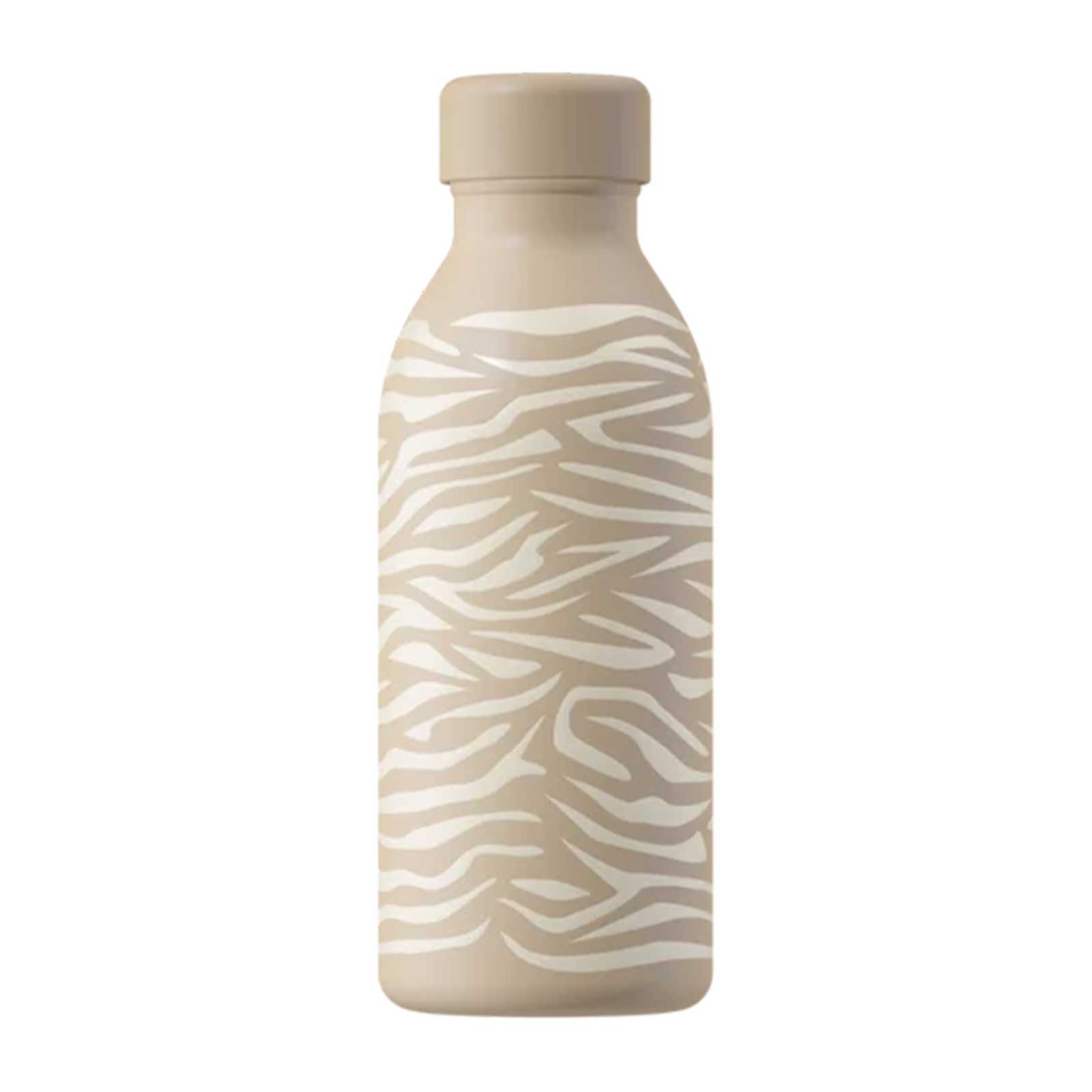 Gourde isotherme beige avec un motif zébré graphique et un bouchon assorti, idéale pour transporter vos boissons avec élégance.