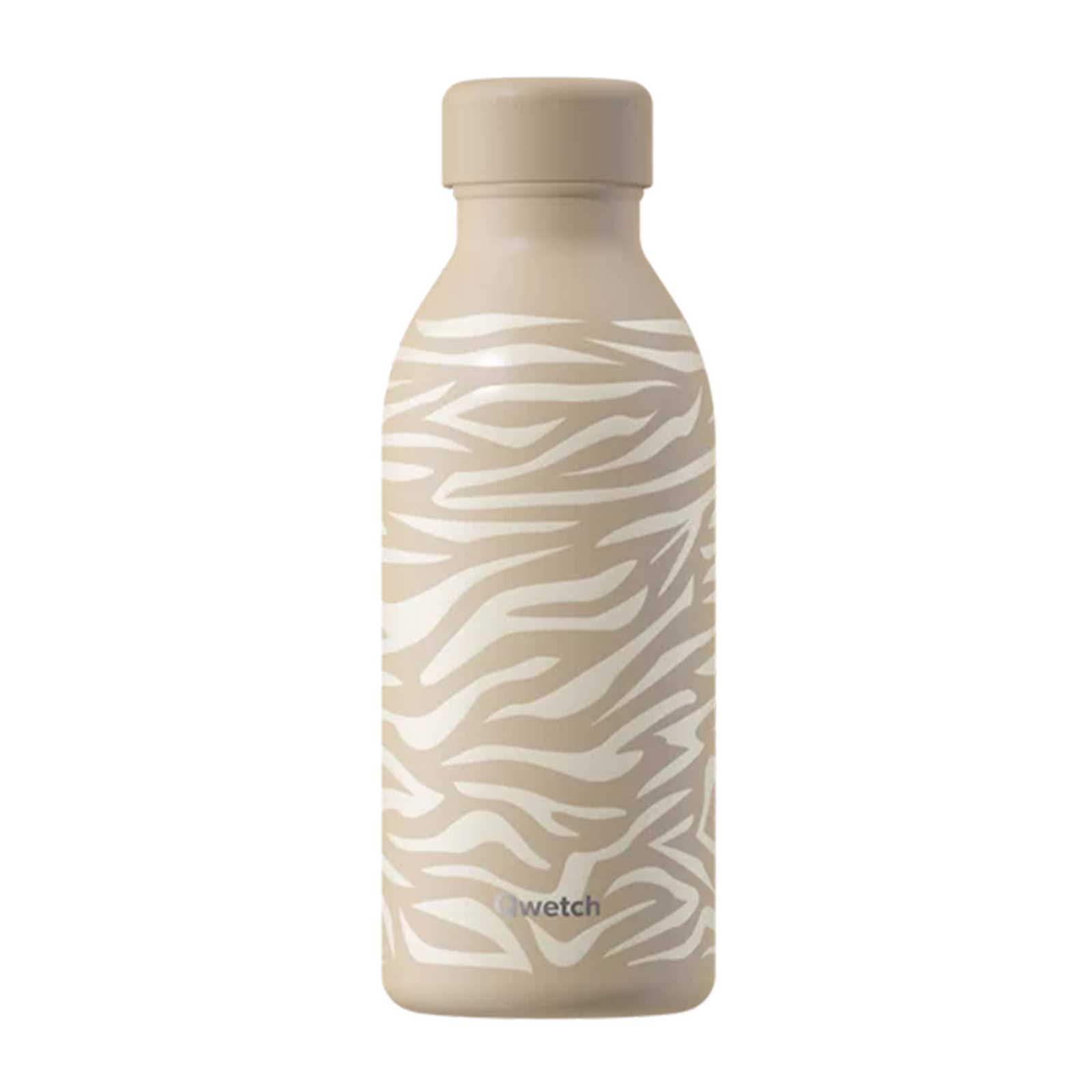 Bouteille isotherme Qwetch beige avec un motif zèbre minimaliste, bouchon hermétique assorti sur fond blanc