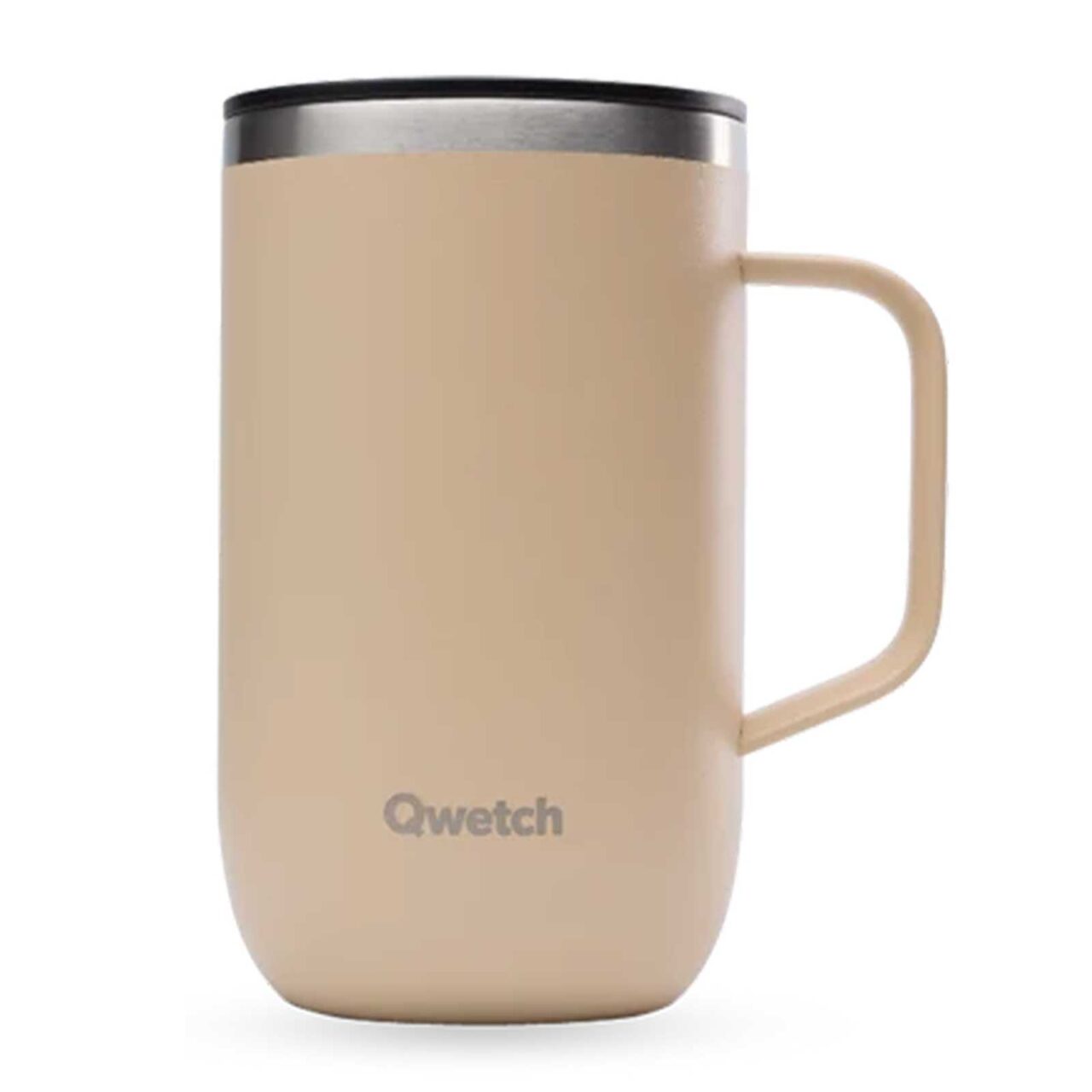 Mug tisanière Qwetch isotherme en inox recyclé, coloris lin mat, avec anse et couvercle, capacité 470 ml