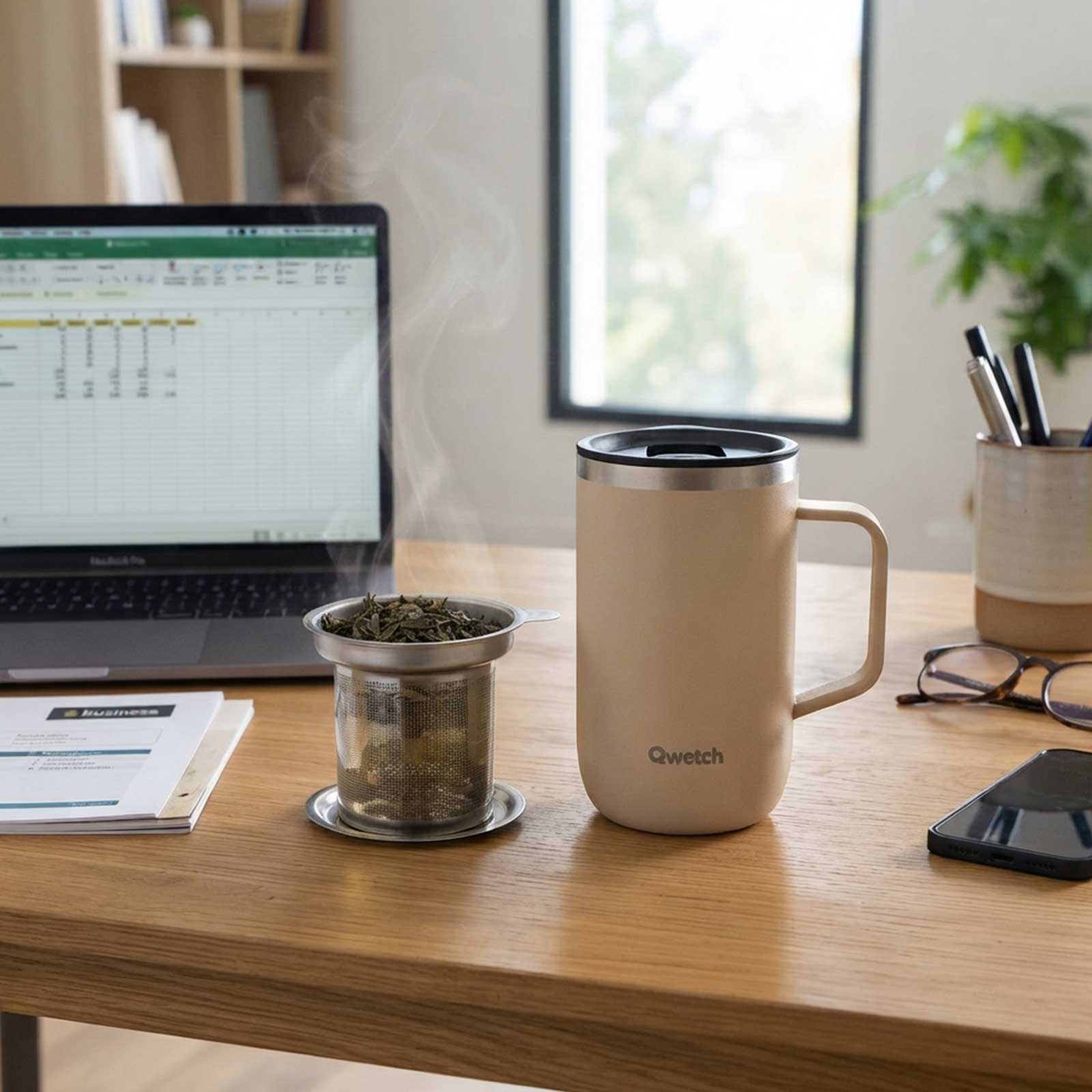 Mug isotherme Qwetch beige posé sur un bureau en bois à côté d'un infuseur à thé en métal fumant et d'un ordinateur portable