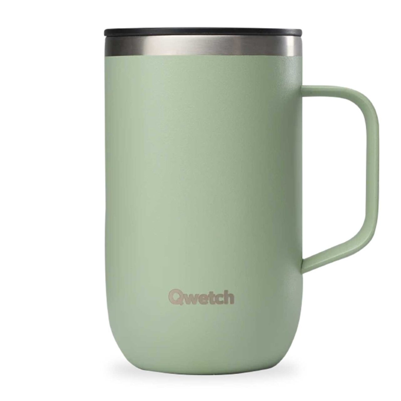 Mug tisanière Qwetch vert tilleul en acier inoxydable, 470 ml, avec couvercle noir et anse arrondie sur fond blanc.