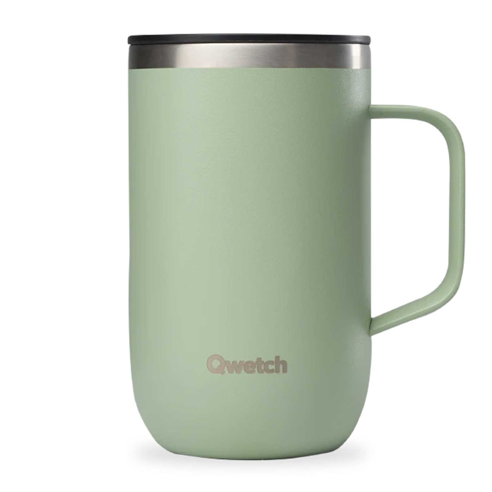 Mug tisanière Qwetch vert tilleul en acier inoxydable, 470 ml, avec couvercle noir et anse arrondie sur fond blanc.
