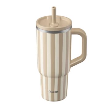 Gobelet isotherme Qwetch avec poignée, motif rayé beige et crème, incluant une paille intégrée pour une hydratation durable