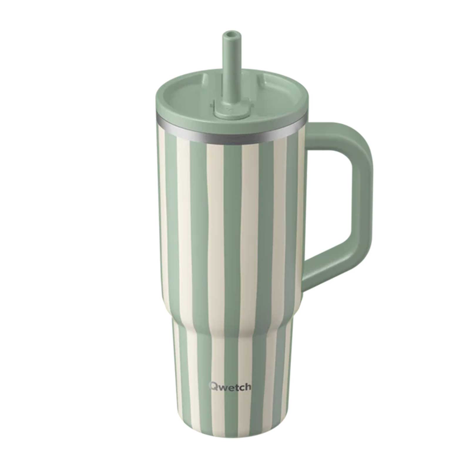 Gobelet isotherme Qwetch vert pastel à rayures blanches avec paille intégrée, poignée ergonomique et couvercle assorti
