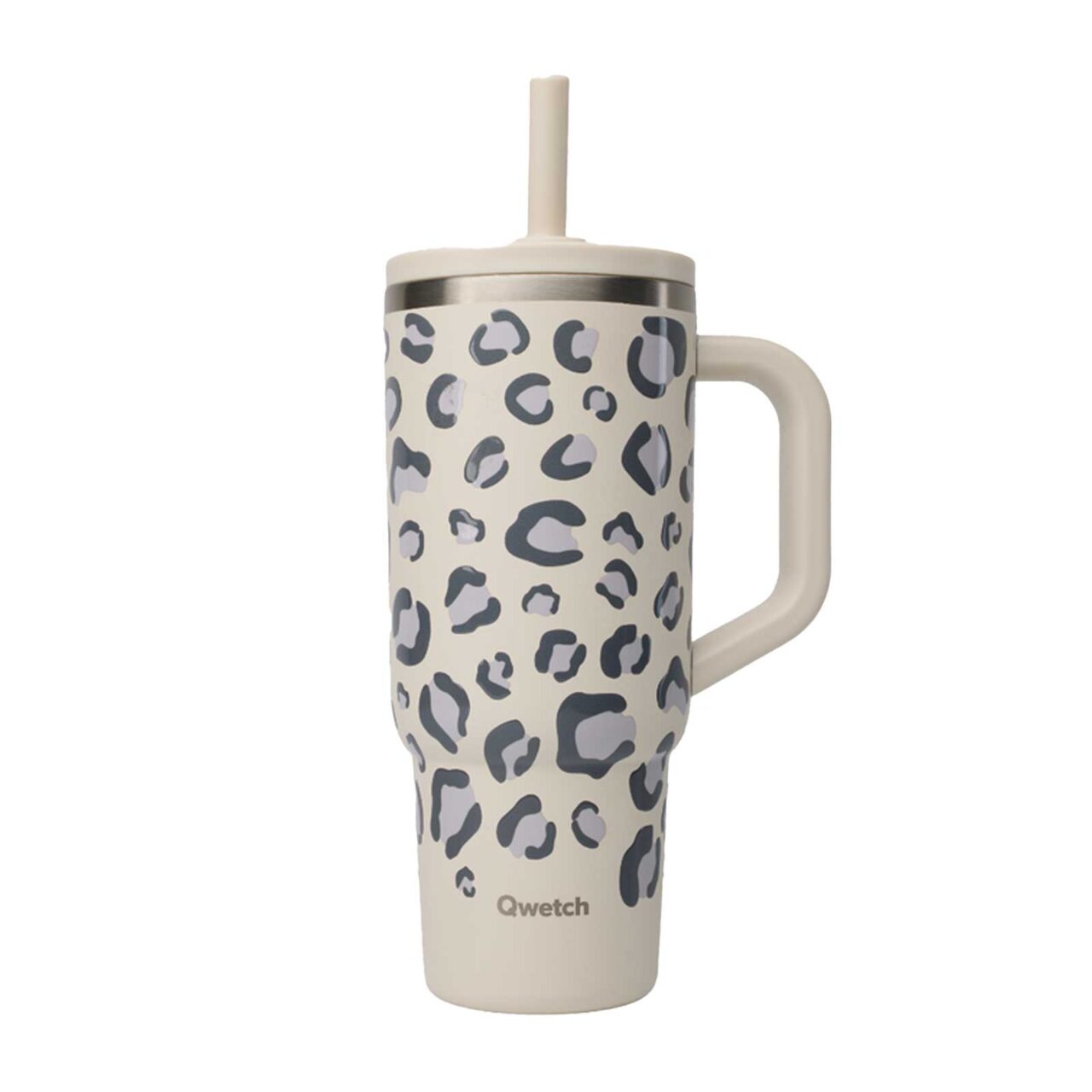 Gobelet isotherme Qwetch beige avec motif léopard gris, doté d'une anse latérale et d'une paille intégrée pour une boisson pratique au quotidien