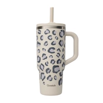 Gobelet isotherme Qwetch beige avec motif léopard gris, doté d'une anse latérale et d'une paille intégrée pour une boisson pratique au quotidien