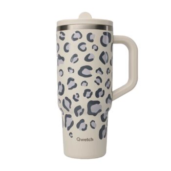 Gourde isotherme Qwetch avec anse et motif léopard, idéale pour transporter vos boissons avec style