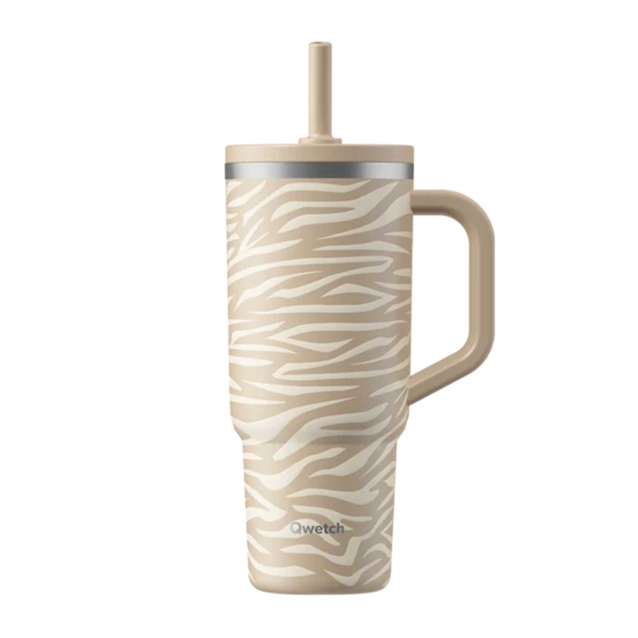 Gobelet isotherme Qwetch beige à motifs zébrés avec paille intégrée et poignée latérale robuste pour transporter vos boissons chaudes ou froides