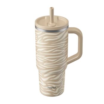 Gourde isotherme Qwetch avec paille et anse, habillée d'un motif zébré beige et blanc, idéale pour transporter vos boissons avec style