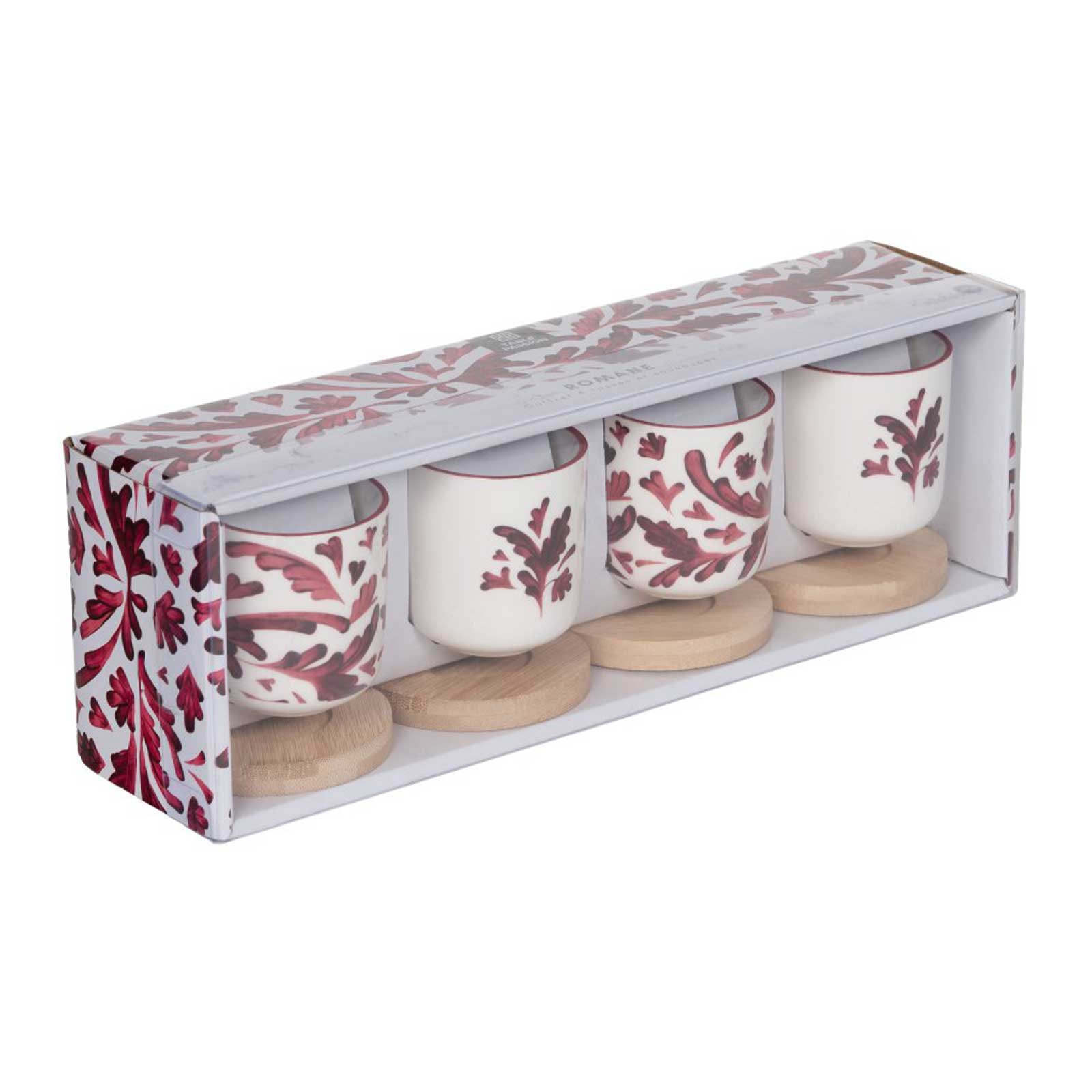 Coffret cadeau de quatre tasses à café en céramique blanche avec motifs végétaux bordeaux et soucoupes en bois clair, présentées dans leur emballage