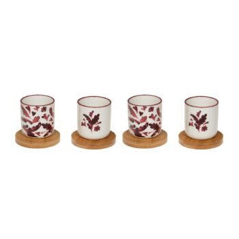 Coffret Bastide de quatre gobelets Romane en porcelaine blanche, motifs floraux bordeaux, sous-tasses en bambou, 10 cl