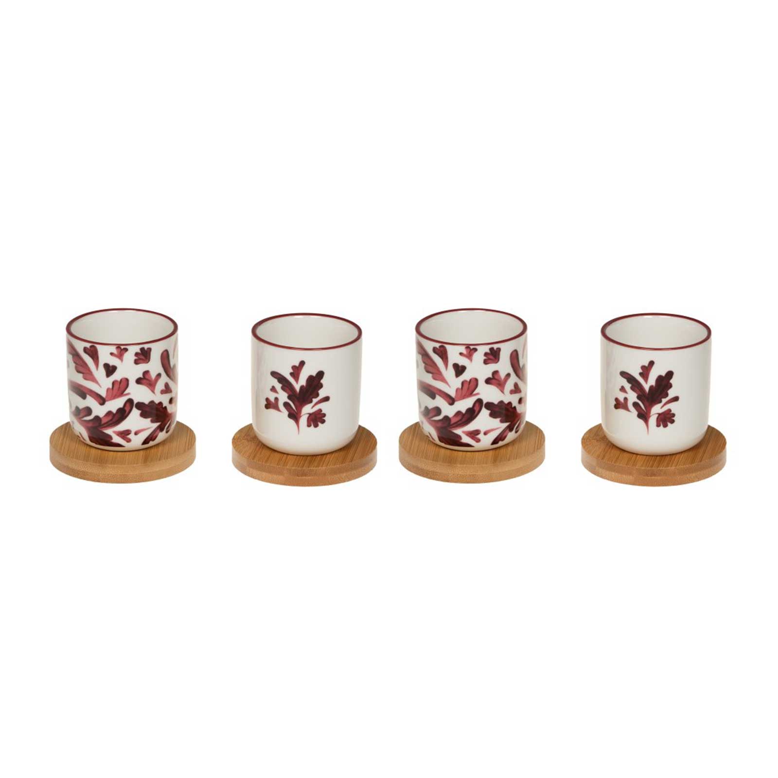 Coffret Bastide de quatre gobelets Romane en porcelaine blanche, motifs floraux bordeaux, sous-tasses en bambou, 10 cl