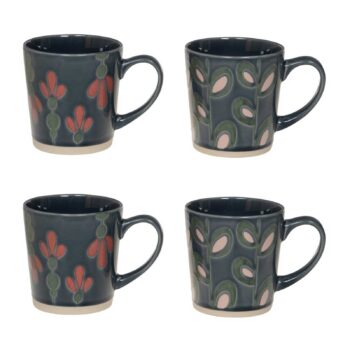 Coffret Folia de quatre mugs en céramique bleu-gris, 40 cl, aux décors botaniques floraux et feuillus