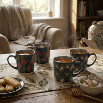 Théière versant du thé dans des tasses en céramique à motifs botaniques sur une table en bois avec des biscuits et des sucres