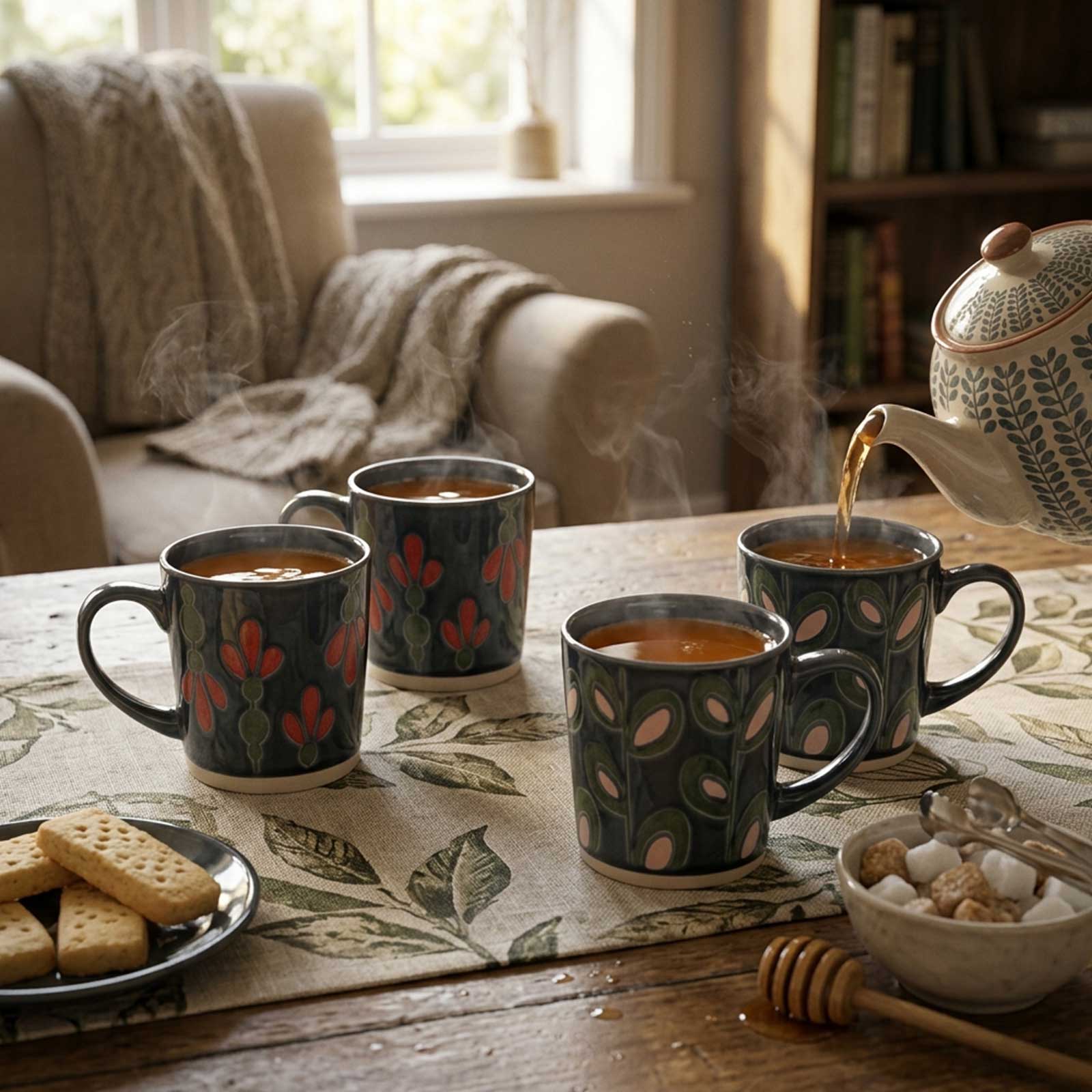 Théière versant du thé dans des tasses en céramique à motifs botaniques sur une table en bois avec des biscuits et des sucres