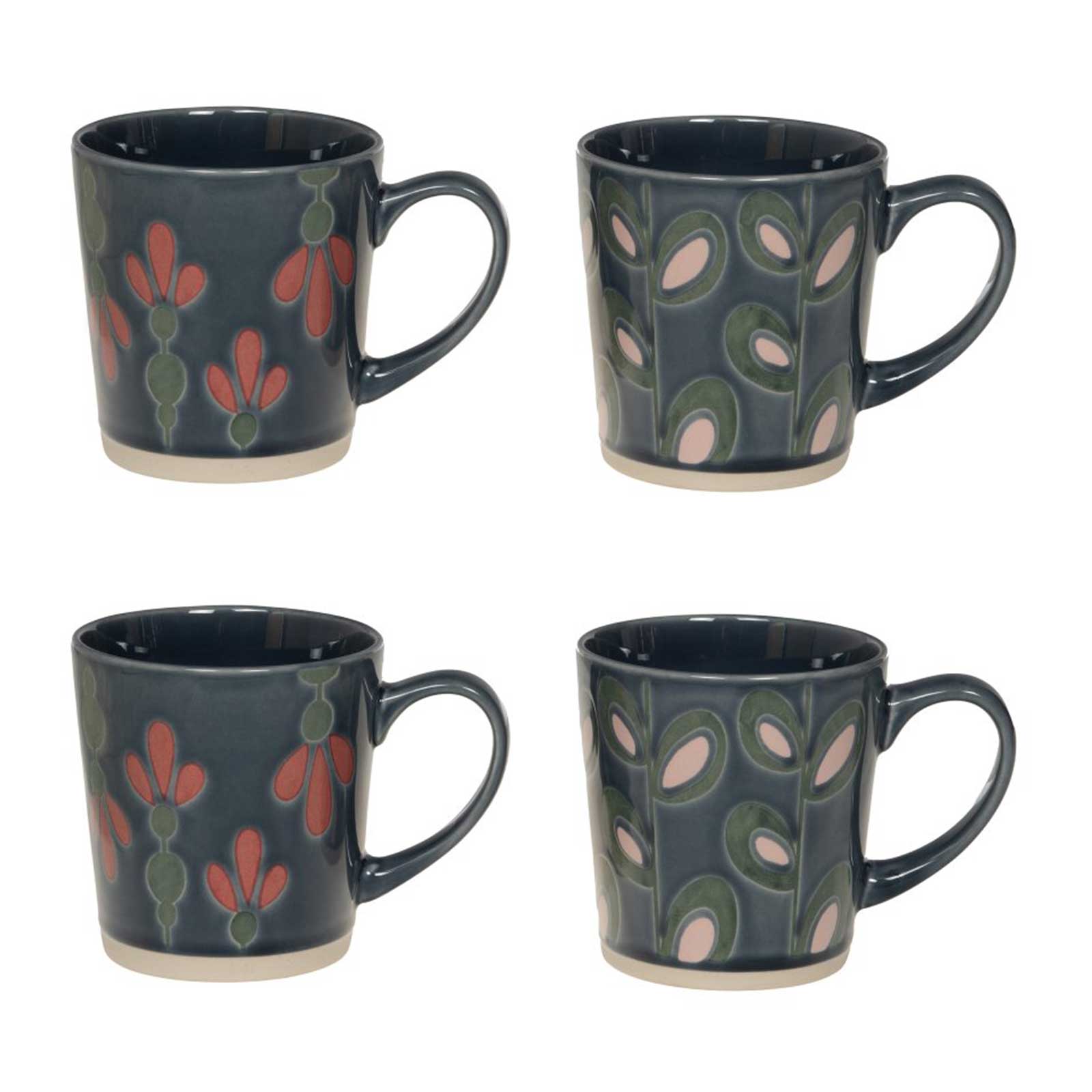 Coffret Folia de quatre mugs en céramique bleu-gris, 40 cl, aux décors botaniques floraux et feuillus