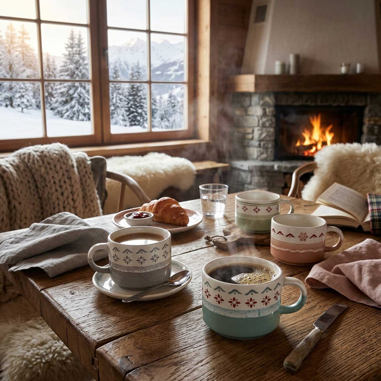 Table en bois rustique dressée pour un petit-déjeuner montagnard avec mugs en céramique, croissants et cheminée allumée en arrière-plan