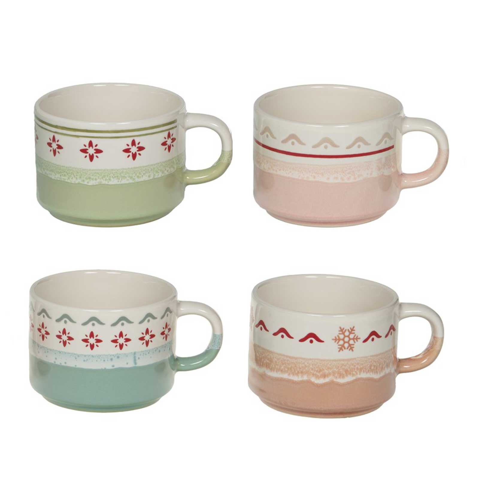 Coffret Bastide de quatre tasses en céramique 20 cl, aux teintes pastel et motifs graphiques variés.