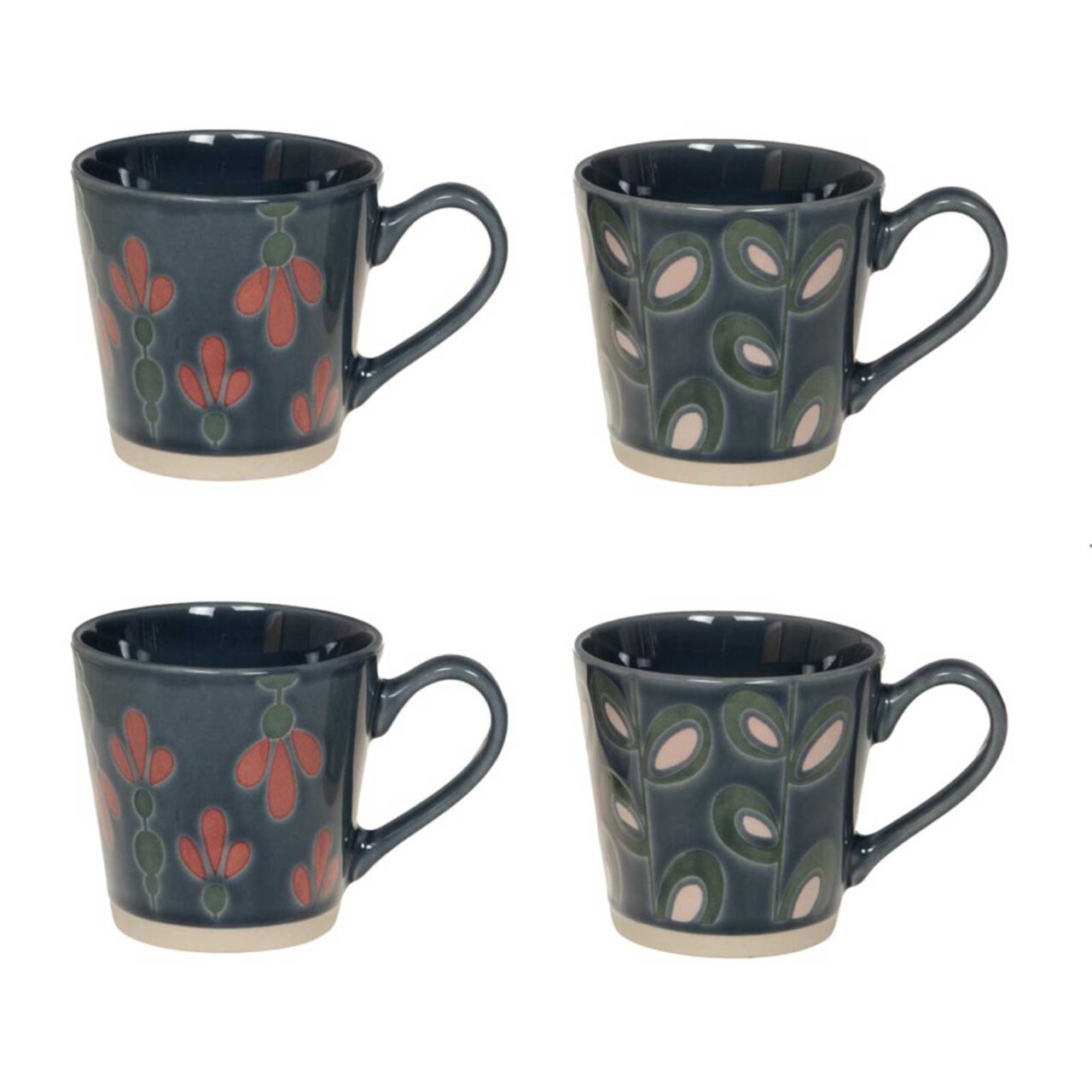 Coffret Bastide de quatre tasses Folia en céramique bleu foncé, motifs floraux et végétaux, format 22 cl