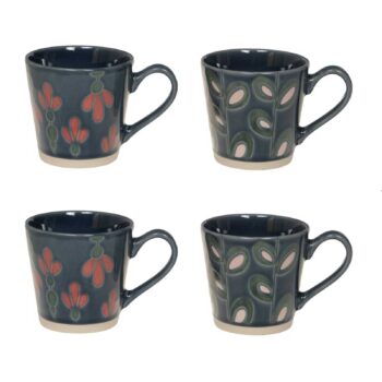Coffret Bastide de quatre tasses Folia en céramique bleu foncé, motifs floraux et végétaux, format 22 cl