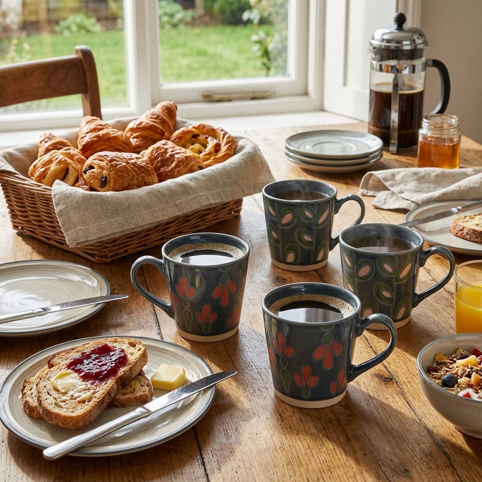 Service de petit-déjeuner sur table en bois avec tasses en céramique à motifs floraux, panier de viennoiseries et tartines à la confiture