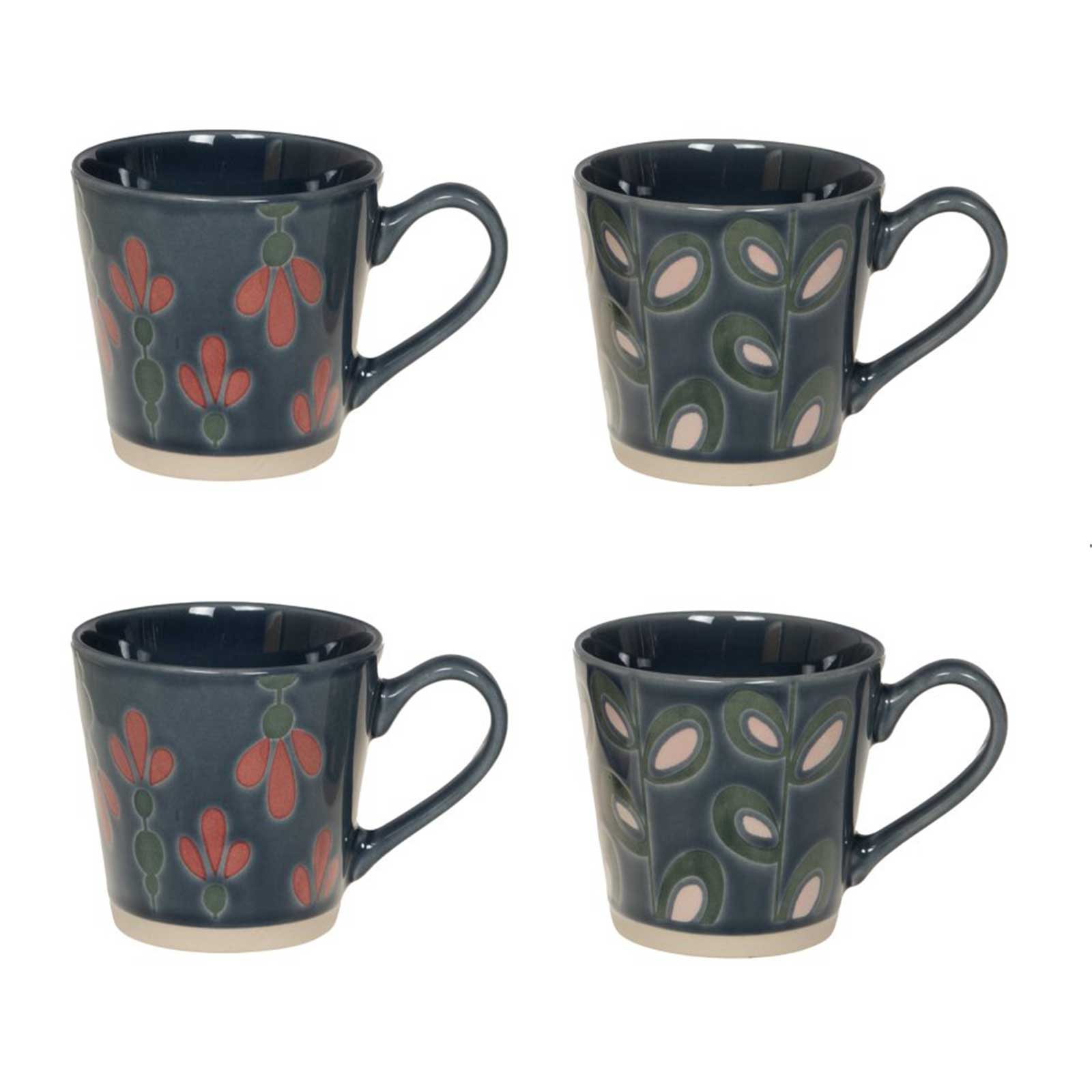 Coffret Bastide de quatre tasses Folia en céramique bleu foncé, motifs floraux et végétaux, format 22 cl
