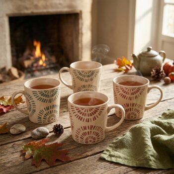 Quatre tasses en céramique à motifs géométriques remplies d'une boisson chaude, posées sur une table en bois rustique devant une cheminée allumée