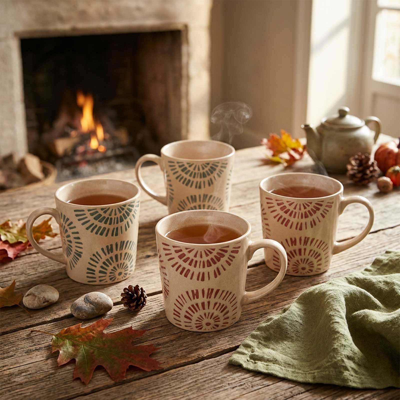 Quatre tasses en céramique à motifs géométriques remplies d'une boisson chaude, posées sur une table en bois rustique devant une cheminée allumée