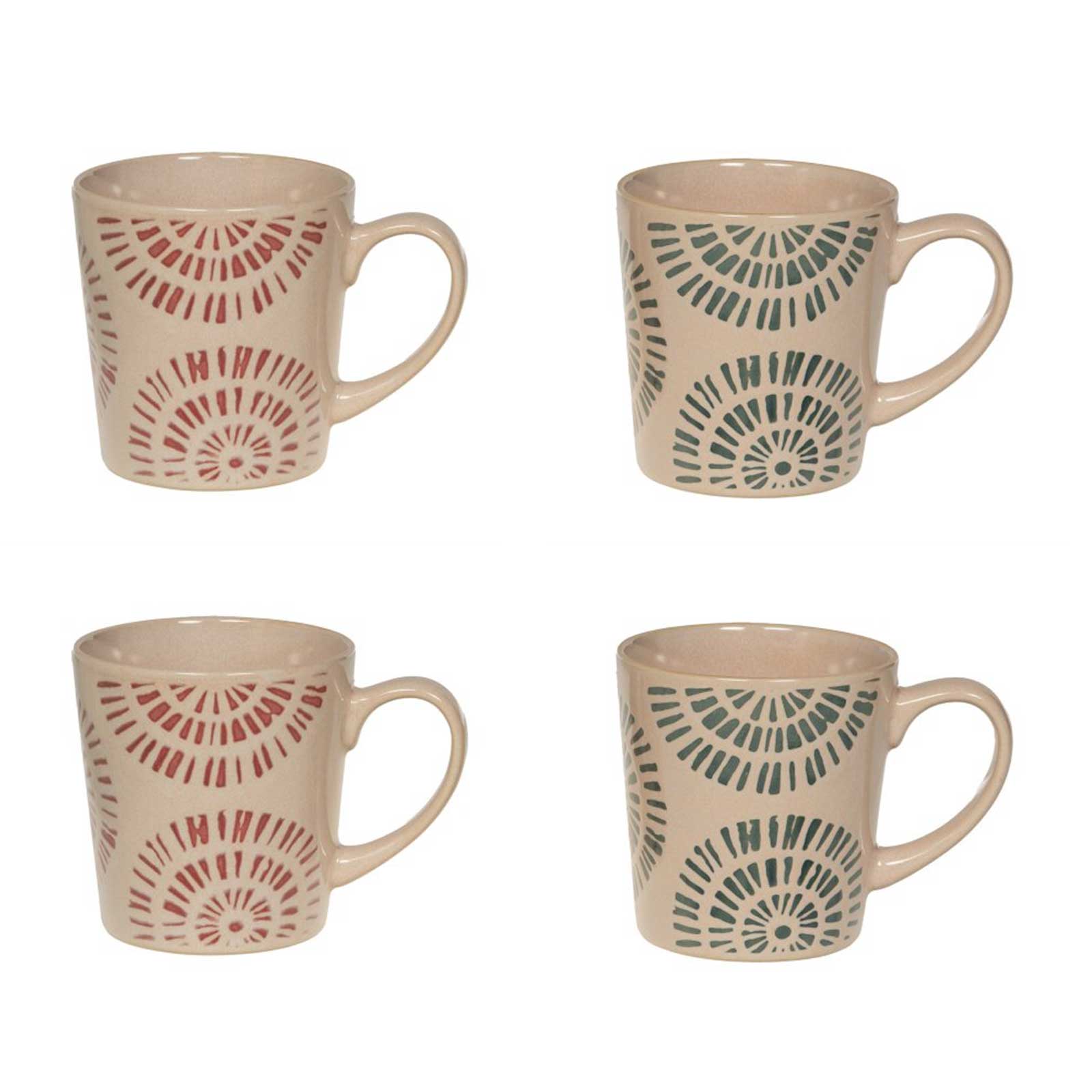 Coffret Bastide de quatre mugs Amani beiges, motifs géométriques rouge brique et vert foncé, anses incurvées