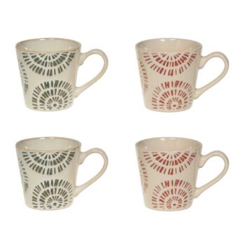 Coffret Bastide de quatre tasses Amani en céramique blanche, motifs géométriques gris-vert et brique, 22 cl