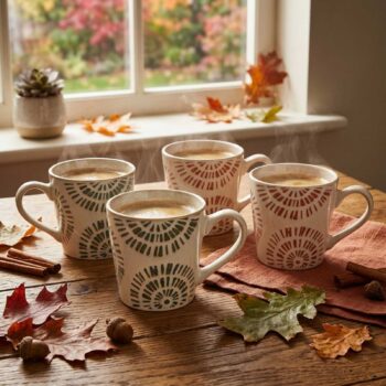 Quatre tasses en céramique avec motifs géométriques circulaires, remplies de café fumant sur une table en bois décorée de feuilles d'automne